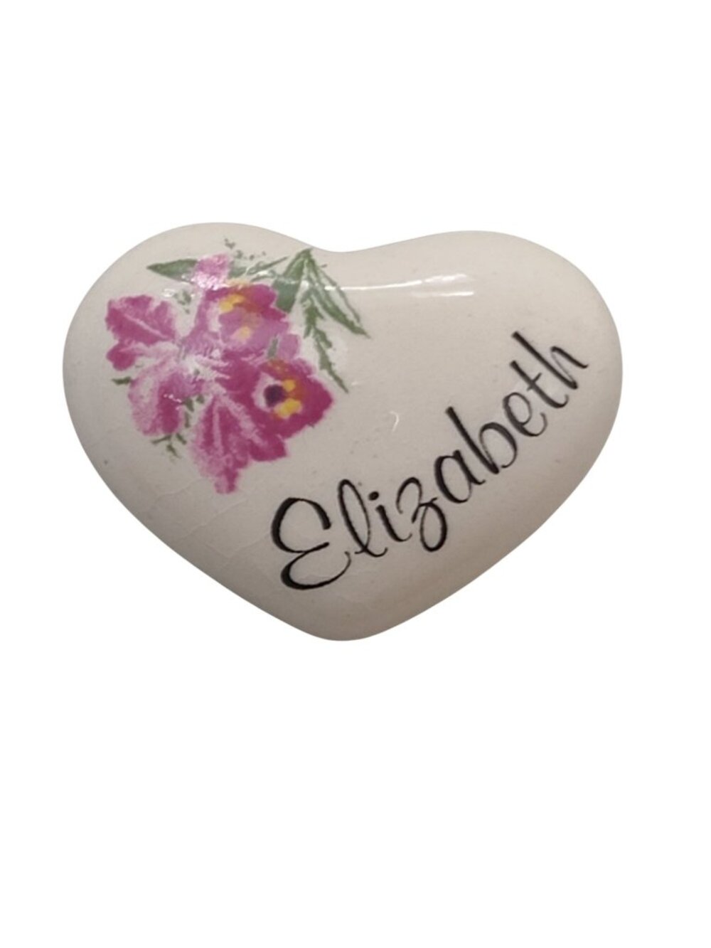 Vintage Quality Gifts Elizabeth Ceramic Heart Name Pin Pink Purple Floral
